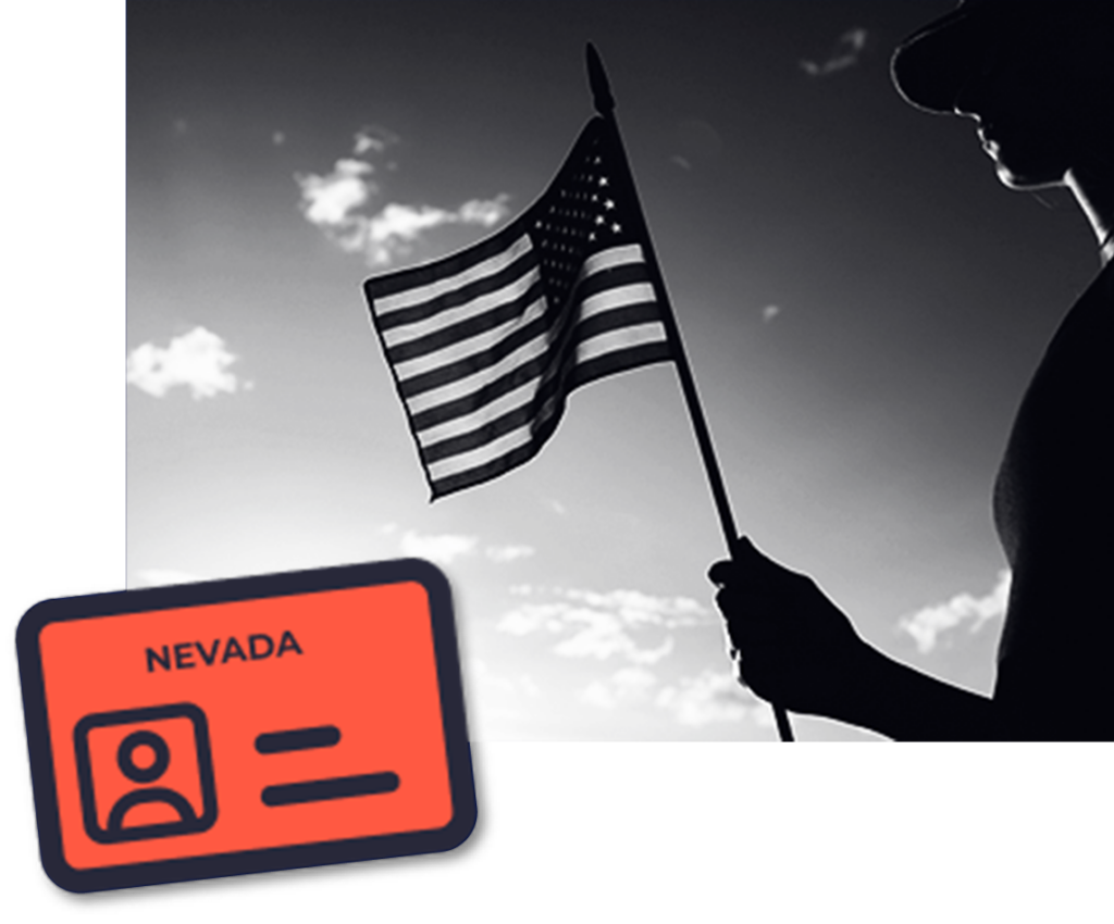 photos of man holding american flag with an icon of a NV lisence